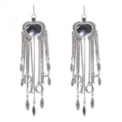 Pre Owned Dior Heart Crystal Embellished Silver Tone Long Tassel Hook Earrings 