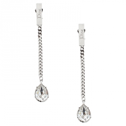 Pre Owned Dior Crystal Silver Tone Chain Long Clip-on Drop Earrings
