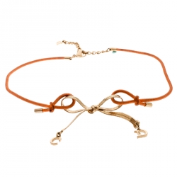 Pre Owned Dior Orange Cord CD Charm Gold Tone Bow Choker Necklace