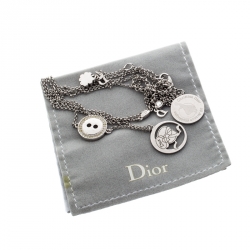 Dior Bow Button Charm Crystal Silver Tone Layered Necklace 