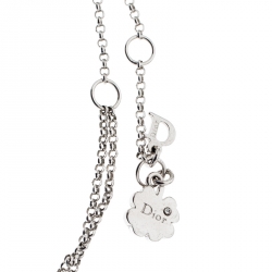 Dior Bow Button Charm Crystal Silver Tone Layered Necklace 