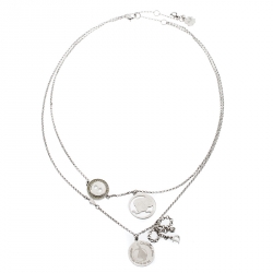 Dior Bow Button Charm Crystal Silver Tone Layered Necklace 