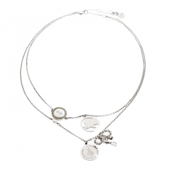 Dior Bow Button Charm Crystal Silver Tone Layered Necklace 