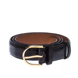 Pre Owned حزام ديور بإبزيم جلد تمساح بني داكن 95 سم