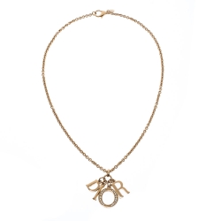 Dior Letter Charm Crystal Gold Tone Pendant Necklace