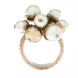 مملوكة مسبقًا Dior Mise en Dior Faux Pearl Gold Tone Ring Size 56