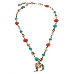 Pre Owned قلادة ديور بدلاية حرف D مرصعة خرز لونين كريستال ذهبية