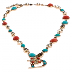 Pre Owned قلادة ديور بدلاية حرف D مرصعة خرز لونين كريستال ذهبية