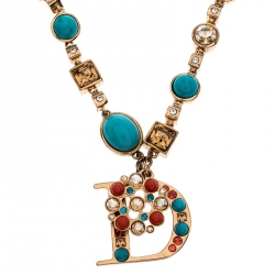 Pre Owned قلادة ديور بدلاية حرف D مرصعة خرز لونين كريستال ذهبية