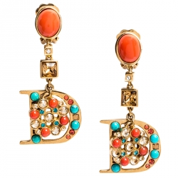 مملوكة مسبقًا Dior Gold Tone Crystal and Beads Drop D Clip-on Earrings