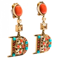 مملوكة مسبقًا Dior Gold Tone Crystal and Beads Drop D Clip-on Earrings