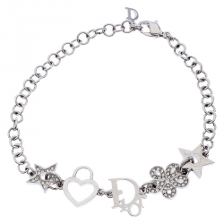 Pre Owned Dior Multi Charm Crystal Silver Tone Bracelet