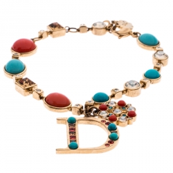 Pre Owned Dior Coral and Turquoise Cabochon Gold Tone Crystal Bracelet