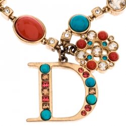Pre Owned Dior Coral and Turquoise Cabochon Gold Tone Crystal Bracelet