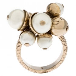 مملوكة مسبقًا Dior Mise en Dior Faux Pearl Gold Tone Ring Size 55