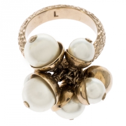 مملوكة مسبقًا Dior Mise en Dior Faux Pearl Gold Tone Ring Size 55