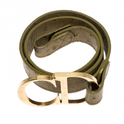 Pre Owned Dior Olive Green Ostrich Embossed Leather CD Buckle Belt 75CM