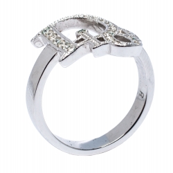 Dior Silver Tone Crystal Logo Ring Size EU 57