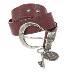 Pre Owned Christian Dior Maroon Leather Medallion Key Motif Belt 80 CM