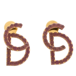 Pre Owned Dior CD Logo Pink Bead Gold Tone Stud Earrings