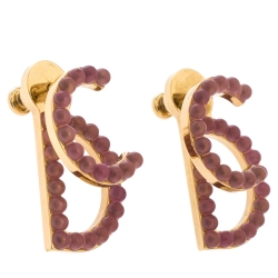 Pre Owned Dior CD Logo Pink Bead Gold Tone Stud Earrings