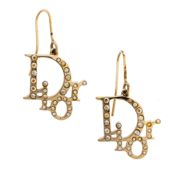 Pre Owned Dior Pale Gold Tone Crystal Oblique Hook Earrings