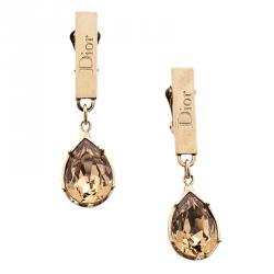 Pre Owned Dior ID Brown Crystal Gold Tone Clip-on Drop Earrings