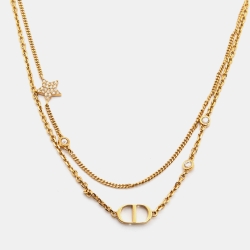 Pre Owned Dior Petit CD Crystals Gold Tone Double Strand Necklace