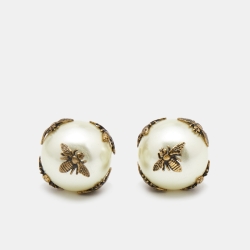 Pre Owned Dior Tribales Bee Faux Pearl Gold Tone Earrings