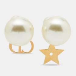 Pre Owned Dior Tribales Faux Pearl Logo and Star Drop Gold Tone Earrings