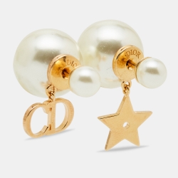 Pre Owned Dior Tribales Faux Pearl Logo and Star Drop Gold Tone Earrings