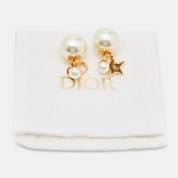 Pre Owned Dior Tribales Faux Pearl Logo and Star Drop Gold Tone Earrings