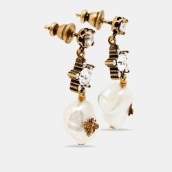 Pre Owned Dior Bee Crystal Faux Pearl Gold Tone Earrings