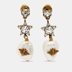 Pre Owned Dior Bee Crystal Faux Pearl Gold Tone Earrings