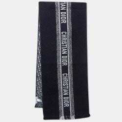 Dior Navy Blue Oblique University Wool & Silk Reversible Scarf