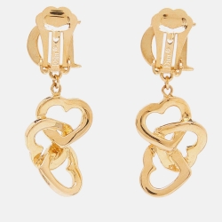 Dior Gold Tone Crystal D Heart Dangle Clip-On Earrings