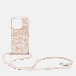 Dior Brown/Pink Toile de Jouy Print Leather iPhone 14 Pro Cord Case