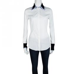Dior White Sequined Collar Contrast Cuff Detail Long Sleeve Shirt S