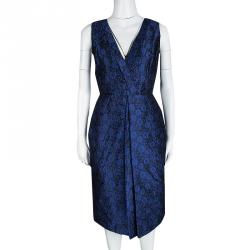 Dior Navy Blue Floral Jacuqard Contrast Lined V-Neck Sleeveless Dress S