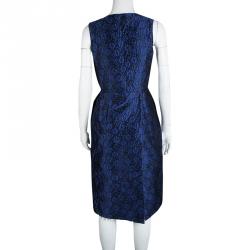 Dior Navy Blue Floral Jacuqard Contrast Lined V-Neck Sleeveless Dress S