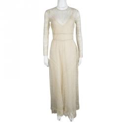 Dior Beige Silk Lace Perforated Knit Long Sleeve Maxi Dress S