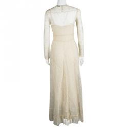 Dior Beige Silk Lace Perforated Knit Long Sleeve Maxi Dress S