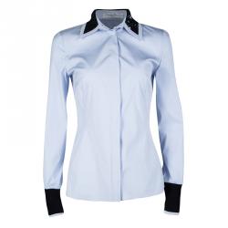 Dior Blue Sequined Collar Contrast Cuff Detail Long Sleeve Shirt S