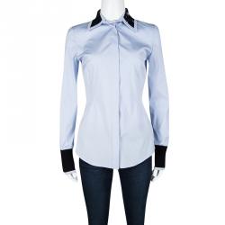 Dior Blue Sequined Collar Contrast Cuff Detail Long Sleeve Shirt S