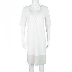 Pre Owned Dior White Knit Mesh Detail Short Sleeve Dress S