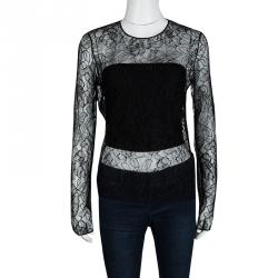 Dior Black Floral Lace Sheer Long Sleeve Top M
