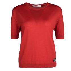 Dior Red Wool Embellished Fly Detail Short Sleeve Top S