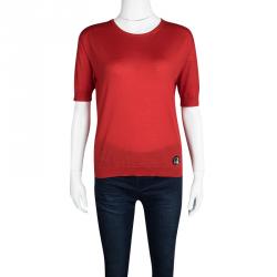 Dior Red Wool Embellished Fly Detail Short Sleeve Top S