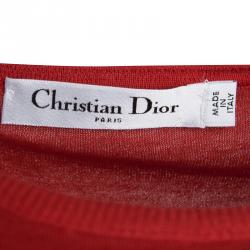 Dior Red Wool Embellished Fly Detail Short Sleeve Top S