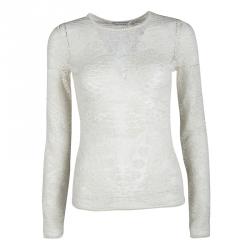 Dior Cream Embroidered Mesh Long Sleeve Sheer Top S